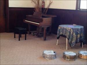 Polymorph piano and some of Dave’s snare drums collection.